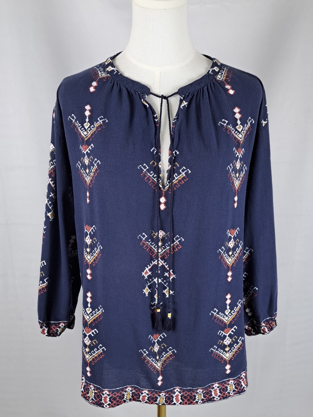 Madewell Navy Blue Aztec Print Peasant Top Tassel Neck Boho Tunic Blouse Flowy S